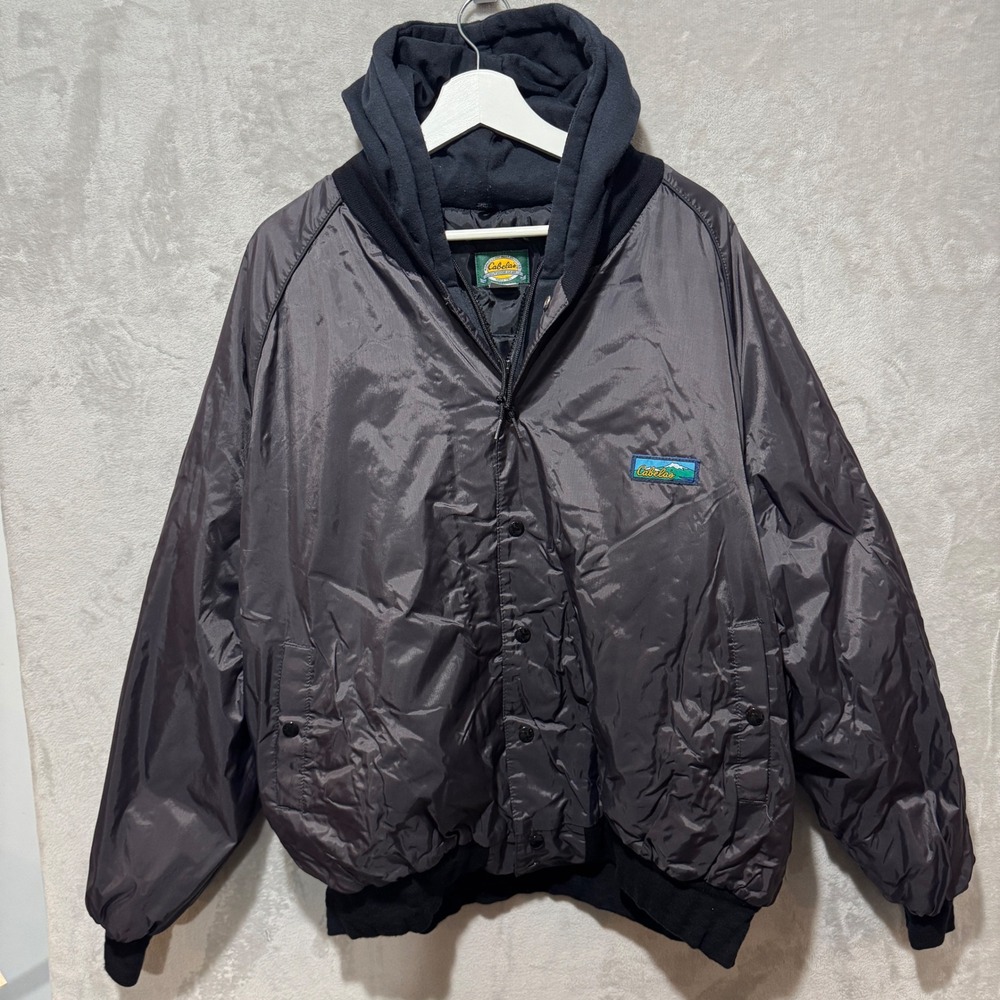 Cabelas Mens 2XL Black Hooded Bomber Jacket Nylon Puffer Insulated Canada Made
